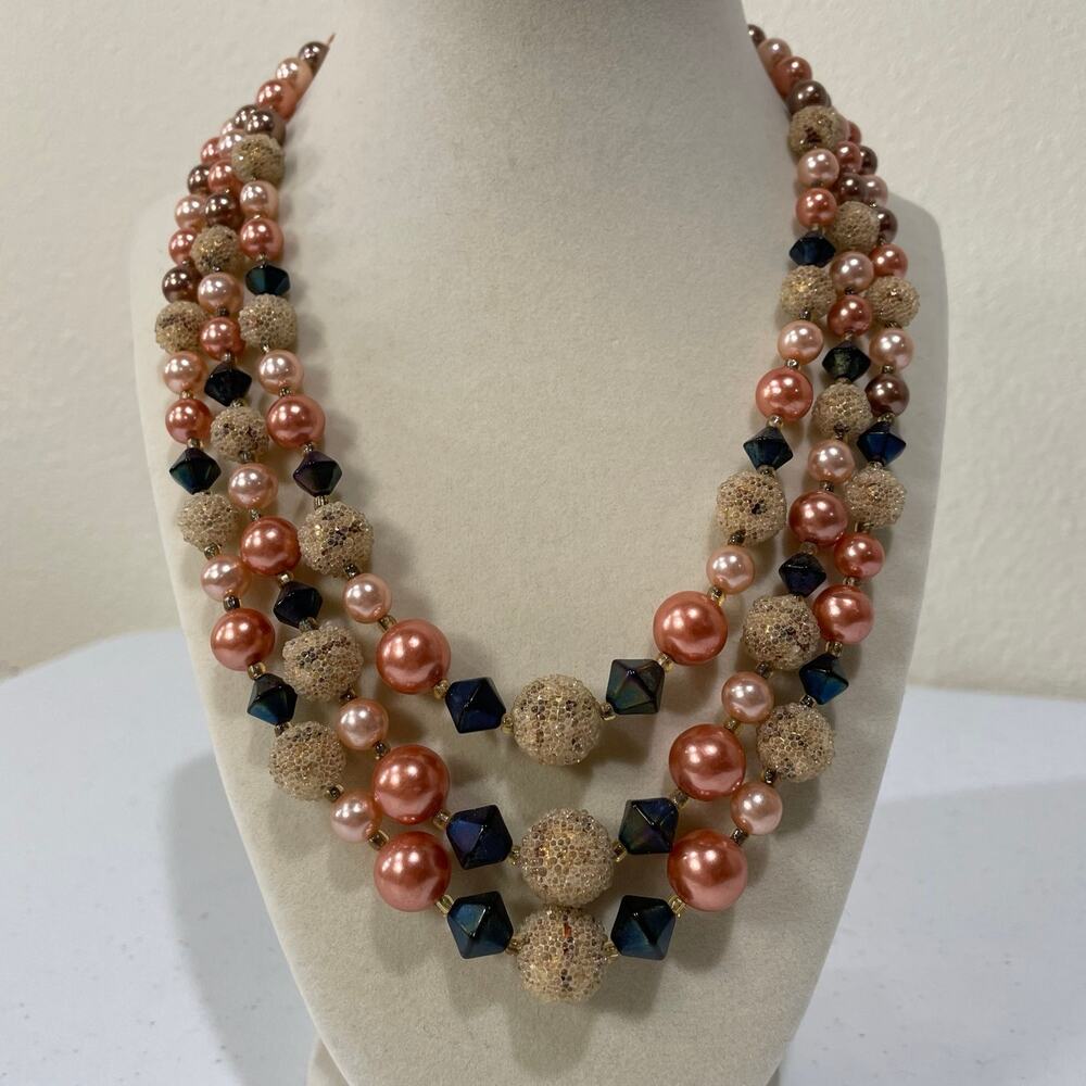 Vintage 60s Multi Pearly Iridescent 3 Strand Beaded Statement Necklace Mod Retro